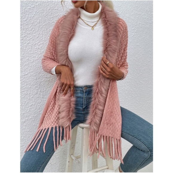 Dusty Pink Vegan Fur Fringe Open Front Cardigan Sweater Shawl - Picture 3 of 4